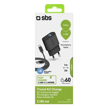 SBS - 10W Nabíjací Adaptér 2x USB + Kábel USB / USB-C, čierna