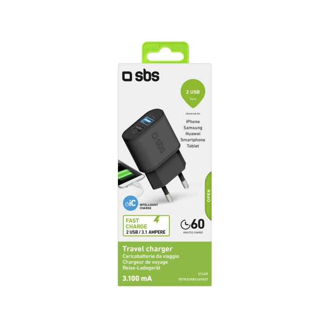 SBS - 10W Nabíjací Adaptér 2x USB, čierna
