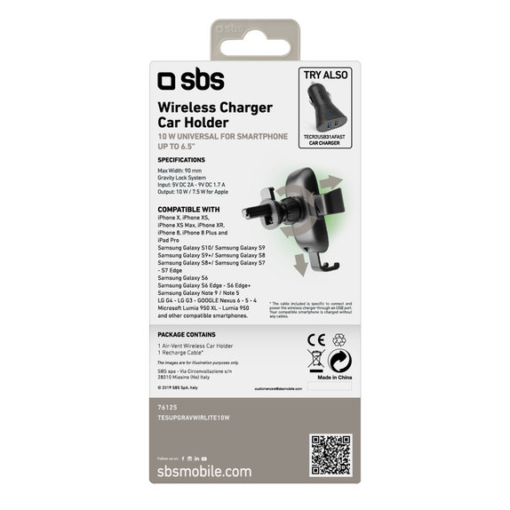 SBS - Držiak do Auta Gravity s Bezdrôtovým Nabíjaním, 10W, Qi, black
