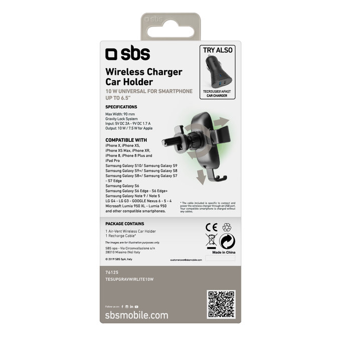 SBS - Držiak do Auta Gravity s Bezdrôtovým Nabíjaním, 10W, Qi, black