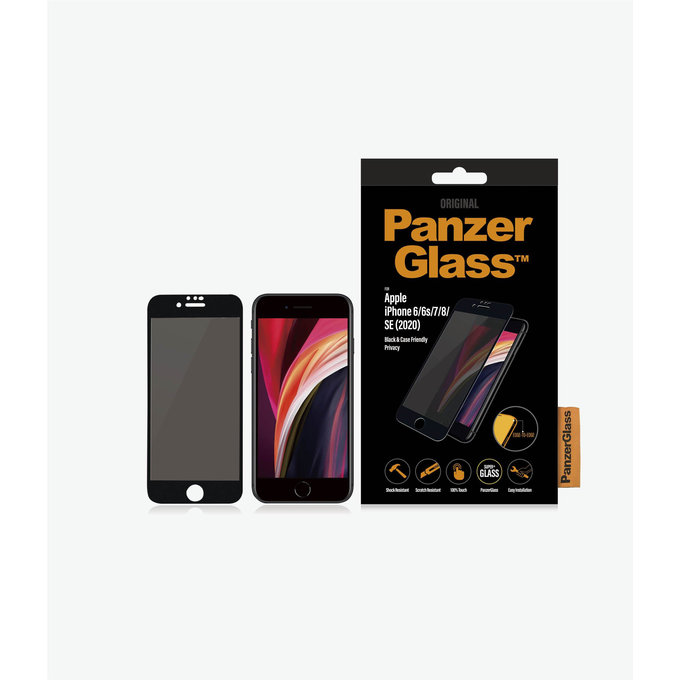 PanzerGlass - Tvrdené Sklo Privacy Case Friendly pre iPhone 6, 6s, 7, 8, SE 2020 a SE 2022, čierna