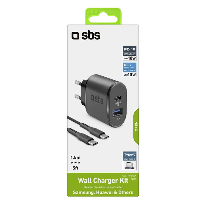 SBS - 18W Nabíjací Adaptér USB, USB-C + Kábel USB-C / USB-C, čierna