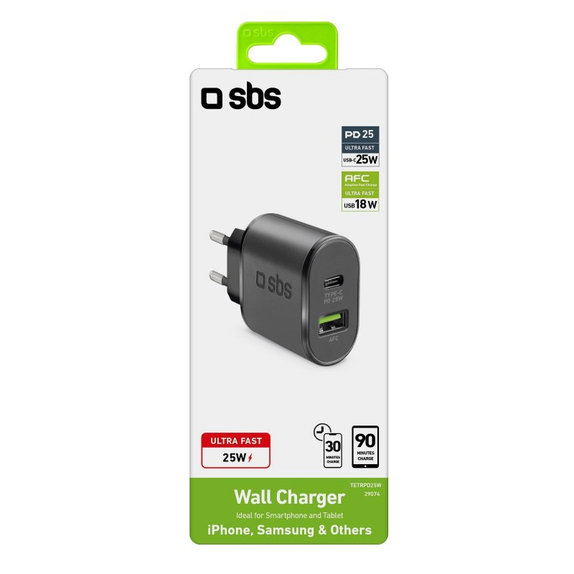 SBS - 25W Nabíjací Adaptér USB, USB-C, čierna