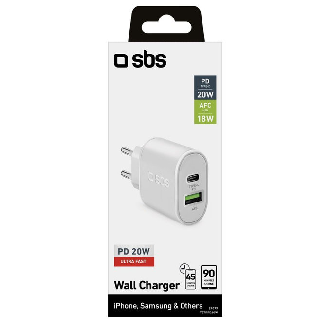 SBS - 20W Nabíjací Adaptér USB, USB-C, biela