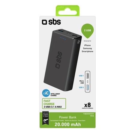 SBS - PowerBank 20 000 mAh, 2x USB, 2,1A, čierna