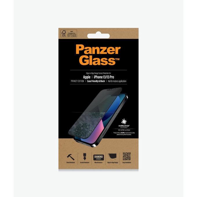 PanzerGlass - Tvrdené Sklo Case Friendly Privacy AB pre iPhone 13, 13 Pro, 14 a 16e, čierna