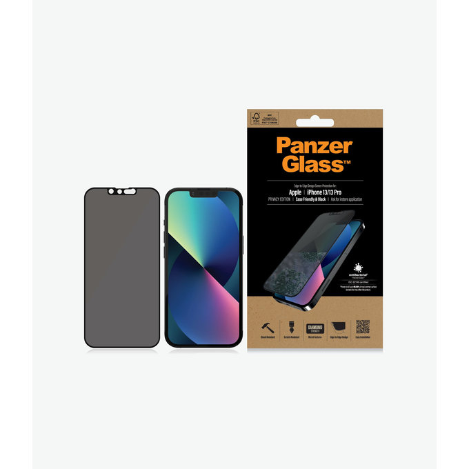 PanzerGlass - Tvrdené Sklo Case Friendly Privacy AB pre iPhone 13, 13 Pro, 14 a 16e, čierna