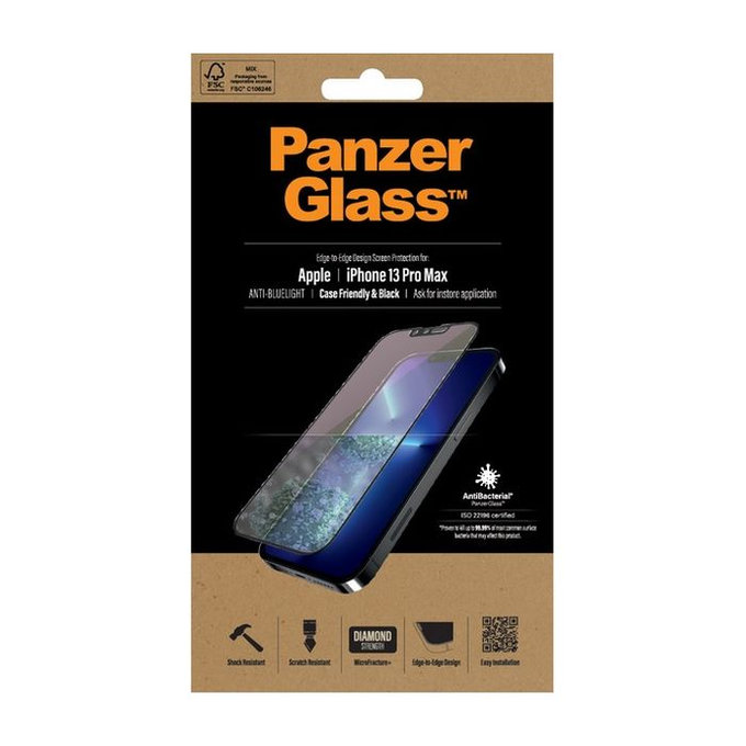 PanzerGlass - Tvrdené Sklo Case Friendly Anti-Bluelight AB pre iPhone 13 Pro Max a 14 Plus, čierna