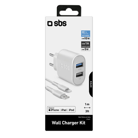 SBS - 10W Nabíjací Adaptér 2x USB + Kábel USB / Lightning, biela
