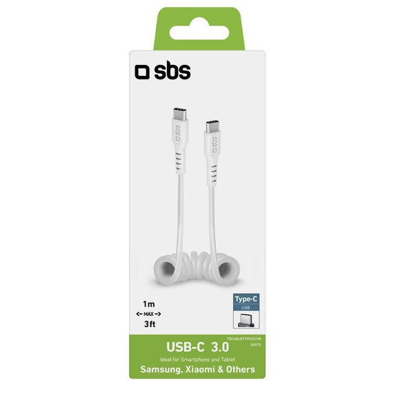 SBS - USB-C / USB-C Kábel (1m), pružinový, biela