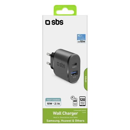 SBS - 10W Nabíjací Adaptér USB, USB-C, čierna