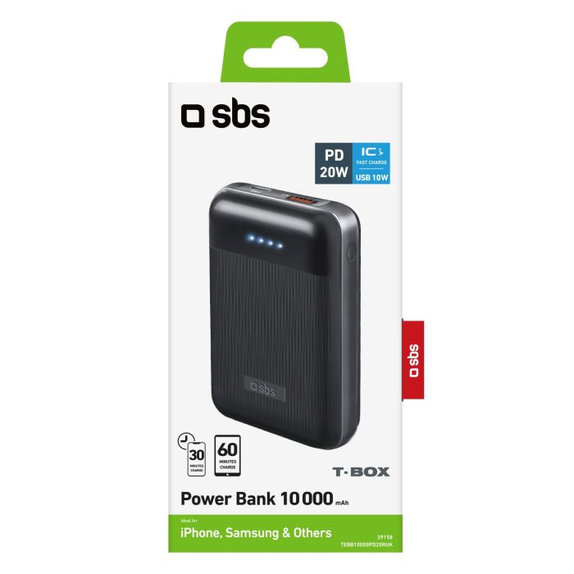 SBS - PowerBank 10 000 mAh, USB, USB-C PowerDelivery 20W, čierna
