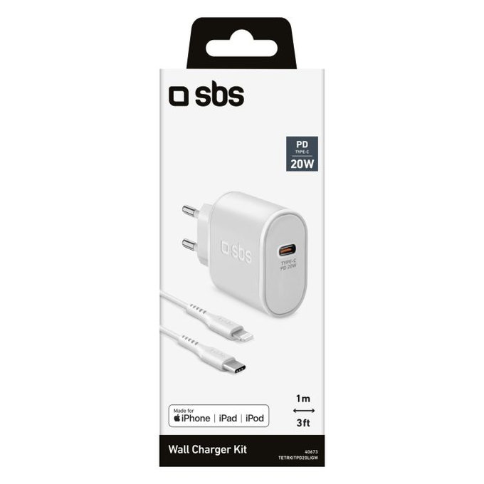 SBS - 20W Nabíjací Adaptér USB-C PowerDelivery + Kábel Lightning (1m), biela