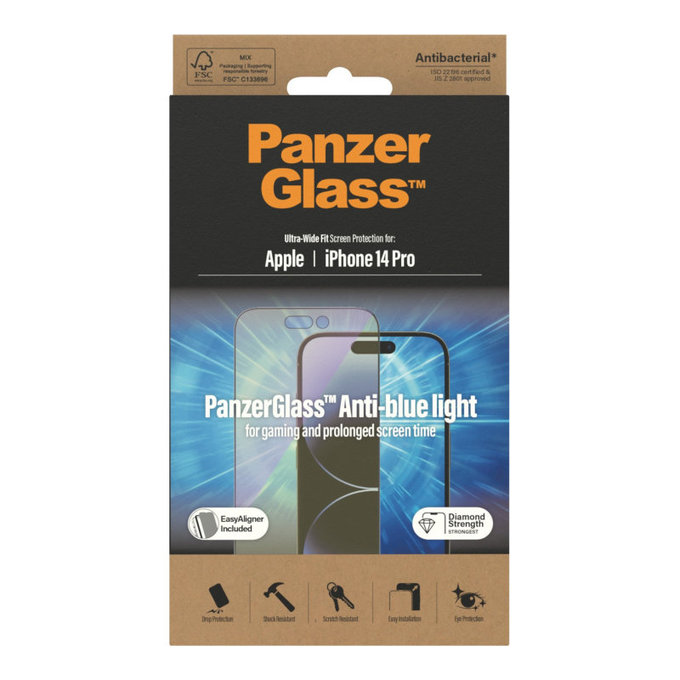 Tvrdené sklo UWF Anti-Bluelight AB s aplikátorom pre iPhone 14 Pro, Čierna, PanzerGlass