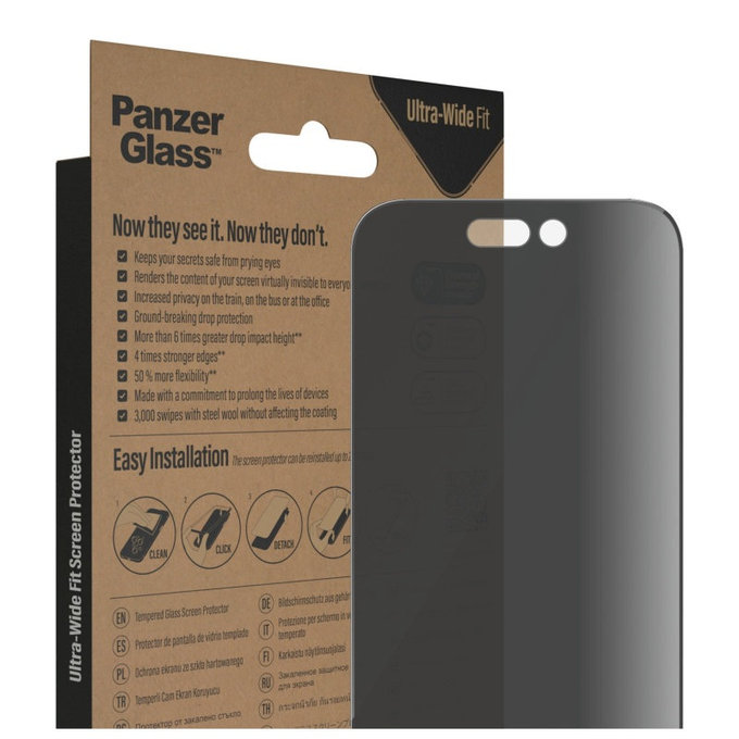 Tvrdené sklo UWF Privacy AB s aplikátorom pre iPhone 14 Pro, Čierna, PanzerGlass
