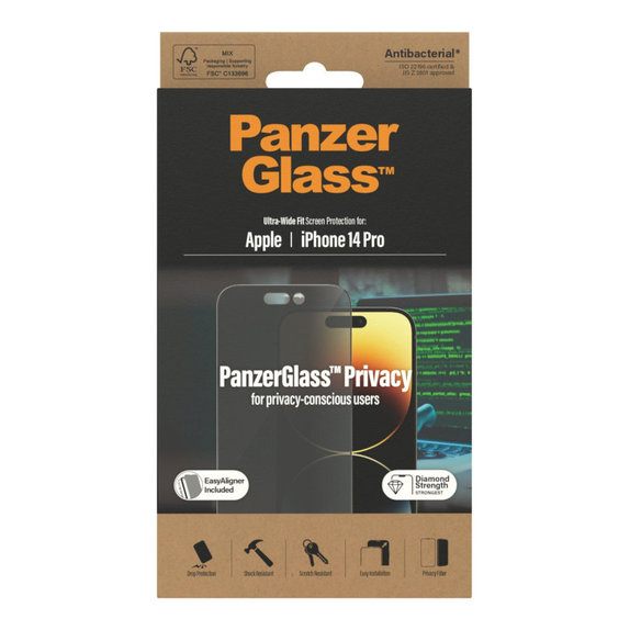 Tvrdené sklo UWF Privacy AB s aplikátorom pre iPhone 14 Pro, Čierna, PanzerGlass