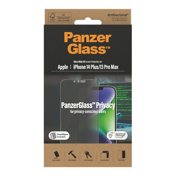 Tvrdené sklo UWF Privacy AB s aplikátorom pre iPhone 14 Plus/13 Pro Max, Čierna, PanzerGlass