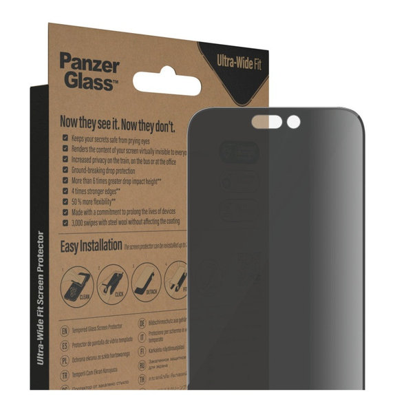 Tvrdené sklo UWF Privacy AB s aplikátorom pre iPhone 14 Pro Max, Čierna, PanzerGlass