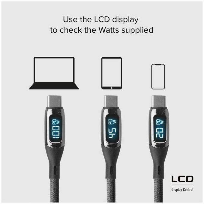 SBS - USB-C / USB-C Kábel s LCD a PowerDelivery 100W (1m), čierna
