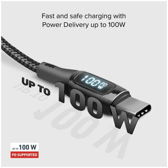 SBS - USB-C / USB-C Kábel s LCD a PowerDelivery 100W (1m), čierna