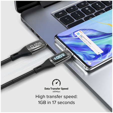 SBS - USB-C / USB-C Kábel s LCD a PowerDelivery 100W (1m), čierna