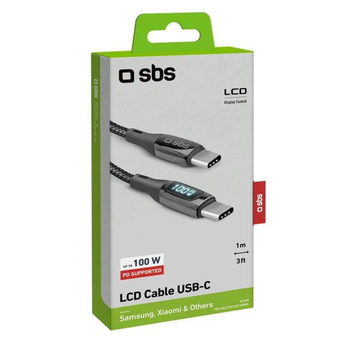 SBS - USB-C / USB-C Kábel s LCD a PowerDelivery 100W (1m), čierna