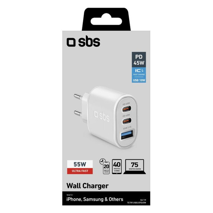 SBS - 45W Nabíjací Adaptér USB, 2x USB-C, PowerDelivery, biela