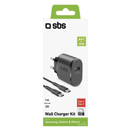 SBS - 15W Nabíjací Adaptér USB-C + Kábel USB-C / USB-C (1m), čierna