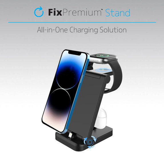 FixPremium - Skladací 3v1 Stojan pre iPhone, Apple Watch a AirPods, čierna