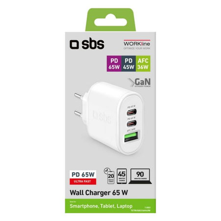SBS - 65W Nabíjací Adaptér USB (36W), 2x USB-C (65W, 45W), PowerDelivery, biela