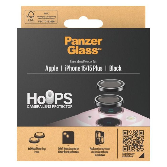 PanzerGlass - Ochranný Kryt Objektívu Fotoaparátu Hoops pre iPhone 15 a 15 Plus, transparentná