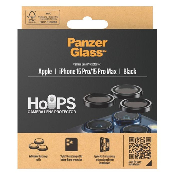 PanzerGlass - Ochranný Kryt Objektívu Fotoaparátu Hoops pre iPhone 15 Pro a 15 Pro Max, transparentná