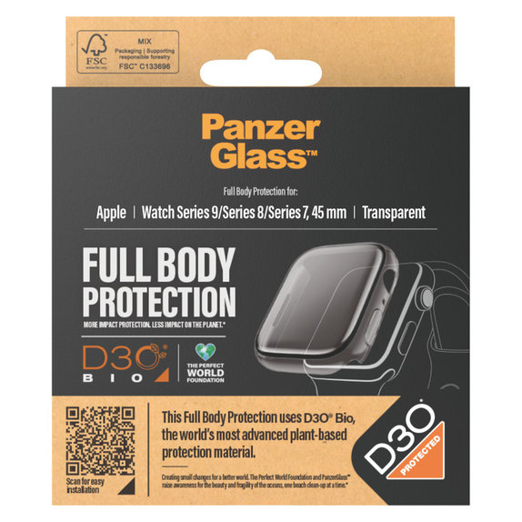 Tvrdené sklo Full Body D3O pre Apple Watch 9/8/7 45 mm, Transparentná, PanzerGlass