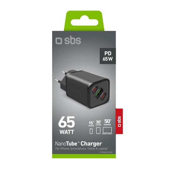 Cestovný adaptér NanoTube 2x USB-C/USB-A, GaN, 65 W PD, čierna, SBS