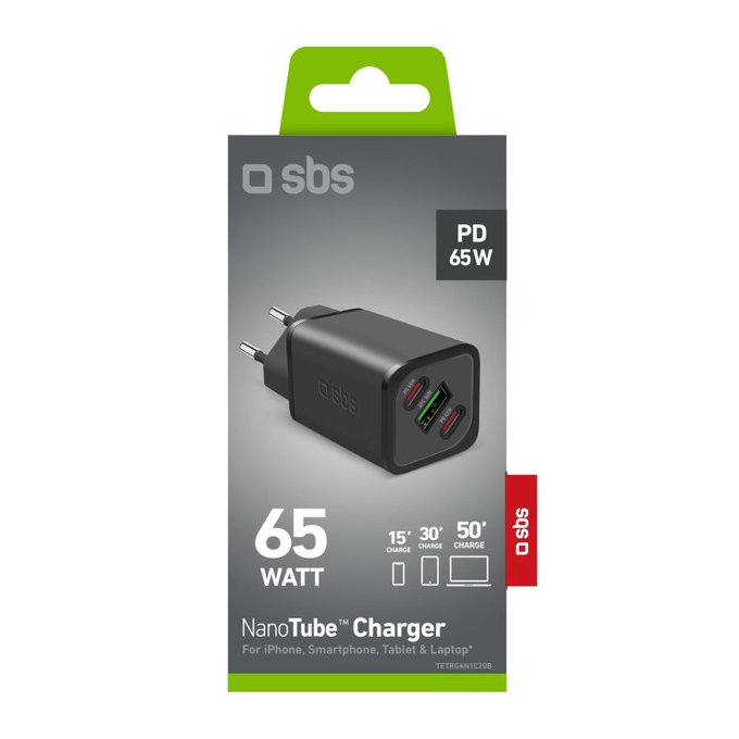 Cestovný adaptér NanoTube 2x USB-C/USB-A, GaN, 65 W PD, čierna, SBS