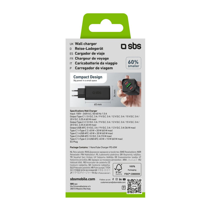 Cestovný adaptér NanoTube 2x USB-C/USB-A, GaN, 65 W PD, čierna, SBS