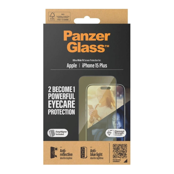 Tvrdené sklo UWF Eyecare s aplikátorom pre iPhone 15 Plus, Čierna, PanzerGlass