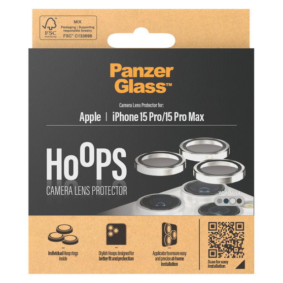 Ochranný kryt objektívu Hoops pre iPhone 15 Pro/15 Pro Max, White Metal, PanzerGlass