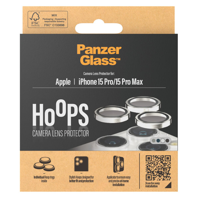 Ochranný kryt objektívu Hoops pre iPhone 15 Pro/15 Pro Max, White Metal, PanzerGlass
