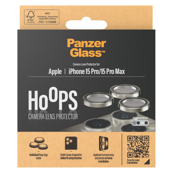 Ochranný kryt objektívu Hoops pre iPhone 15 Pro/15 Pro Max, Natural Metal, PanzerGlass