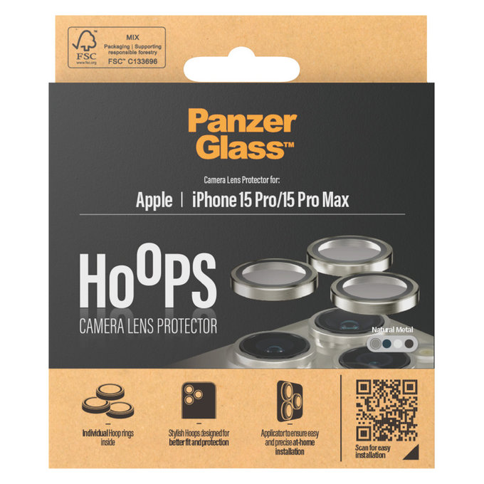 Ochranný kryt objektívu Hoops pre iPhone 15 Pro/15 Pro Max, Natural Metal, PanzerGlass