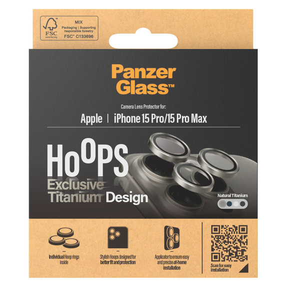 Ochranný kryt objektívu Hoops pre iPhone 15 Pro/15 Pro Max, Natural Titanium, PanzerGlass