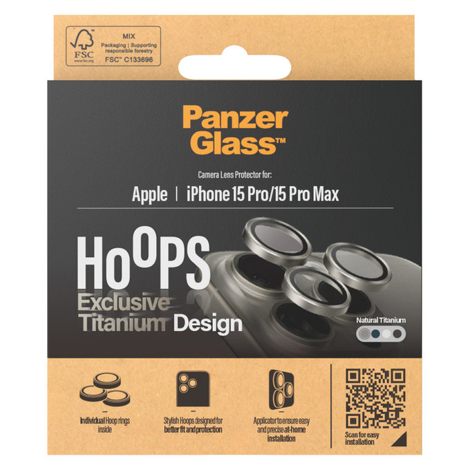 Ochranný kryt objektívu Hoops pre iPhone 15 Pro/15 Pro Max, Natural Titanium, PanzerGlass