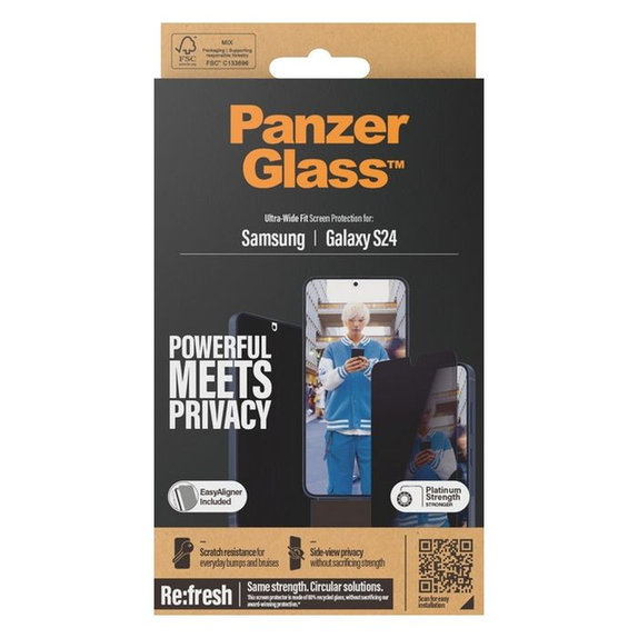 PanzerGlass - Tvrdené sklo Re:Fresh UWF Privacy s aplikátorom pre Samsung Galaxy S24, čierna