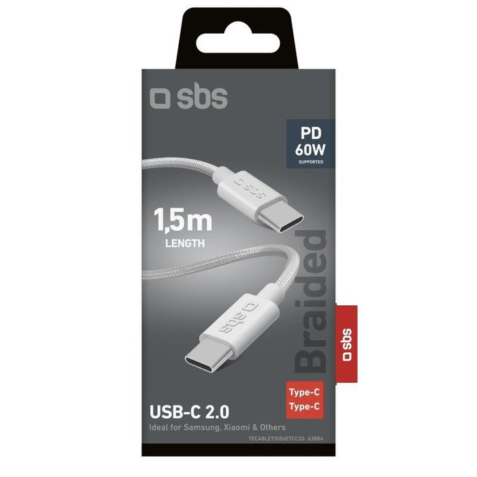 SBS - Opletený kábel USB-C/USB-C, PD, 60W, 2m, biela