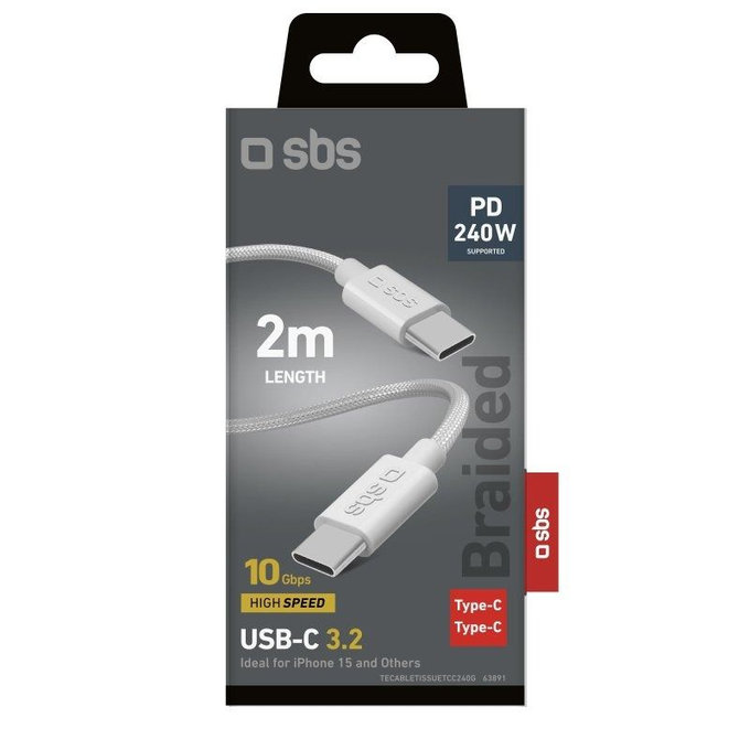 SBS - Opletený kábel USB-C/USB-C, PD, 240W, 2m, biela