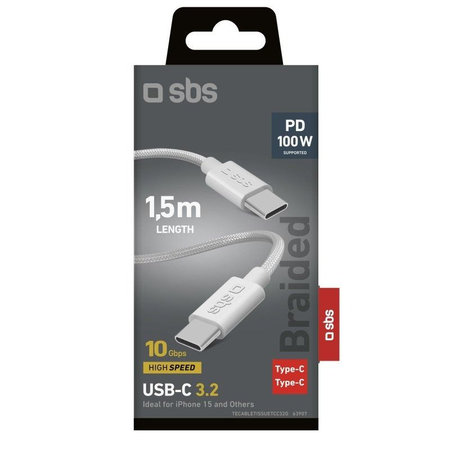 SBS - Opletený kábel USB-C/USB-C, PD, 100W, 1.5m, biela