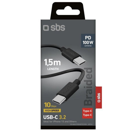 SBS - Opletený kábel USB-C/USB-C, PD, 100W, 1.5m, čierna