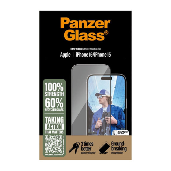 Tvrdené sklo UWF s aplikátorom pre iPhone 16/15, Čierna, PanzerGlass