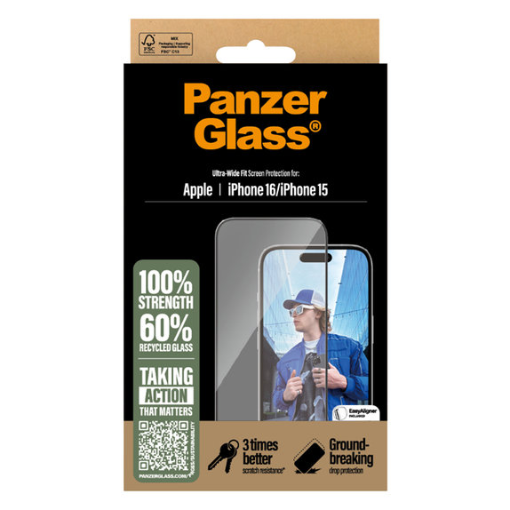 Tvrdené sklo UWF s aplikátorom pre iPhone 16/15, Čierna, PanzerGlass